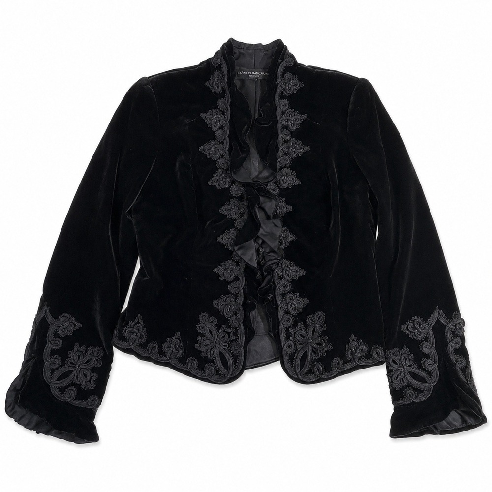 Carmen Marc Valvo Velvet Jacket M Black Silk Blend Soutache Ruffle Blazer
